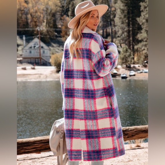 A Peach Jackets & Blazers - Vici Plaid Long Coat in Pink and Blue - colorful coat